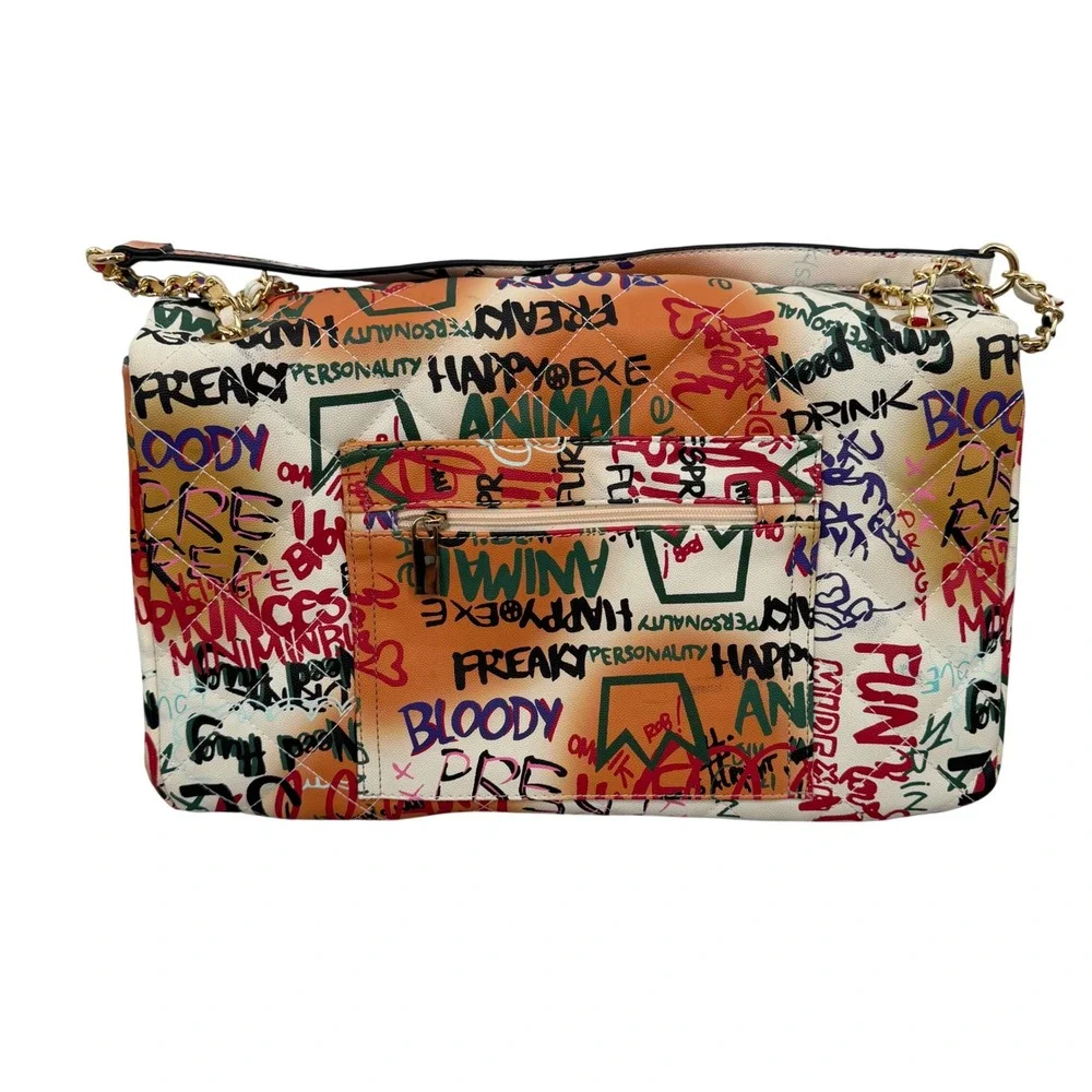 Graffiti Print Quilted Shoulder Bag Women Large Multicolor Excellent Streetwear